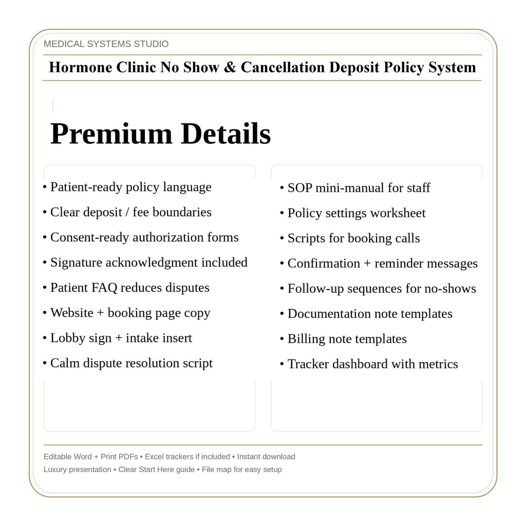 Hormone Clinic No-Show & Cancellation Deposit Policy System | TRT HRT BHRT (Digital Download)