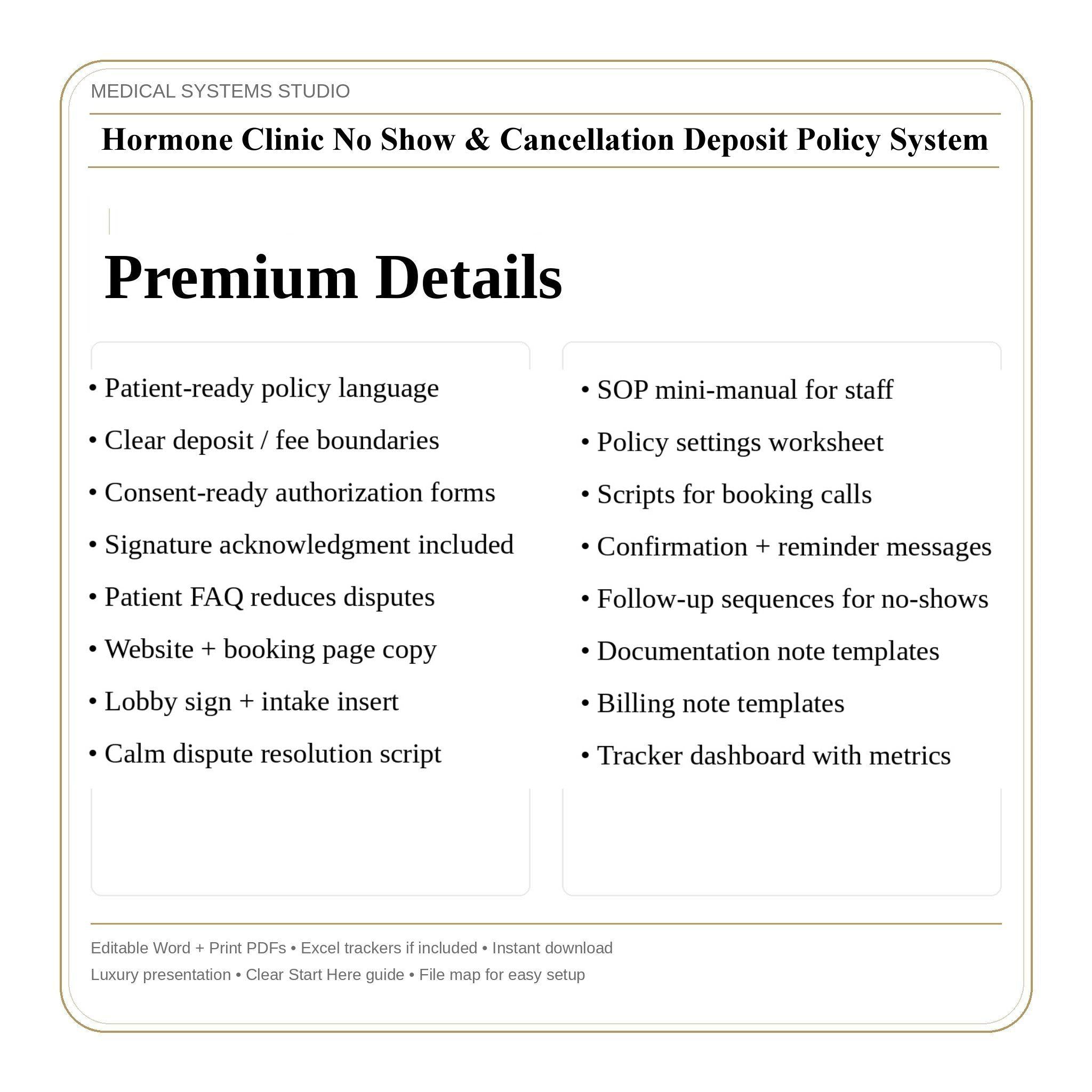 Hormone Clinic No-Show & Cancellation Deposit Policy System | TRT HRT BHRT (Digital Download)