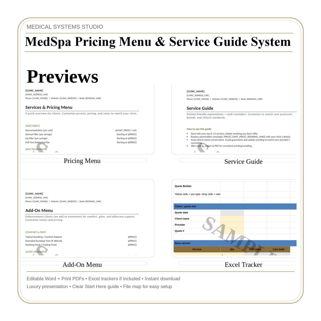 MedSpa Pricing Menu & Service Guide | Clinic Templates (Word, PDF, Excel)