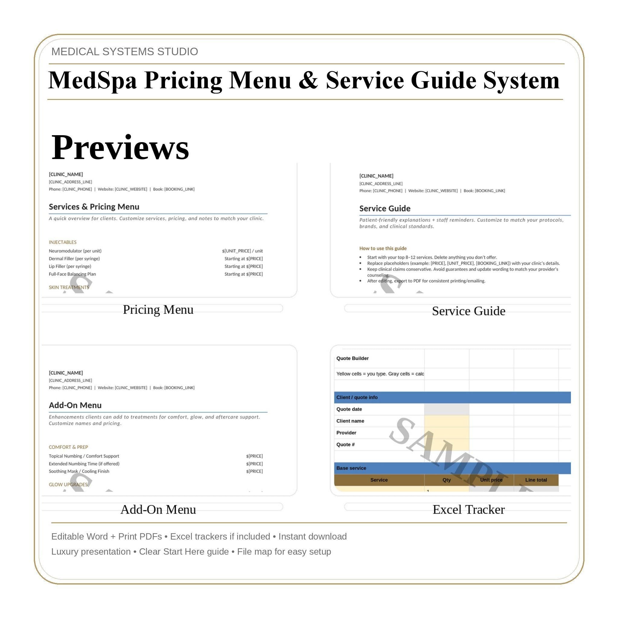 MedSpa Pricing Menu & Service Guide | Clinic Templates (Word, PDF, Excel)