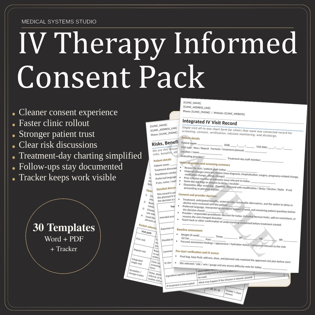 IV Therapy Informed Consent Pack | Screening, Consent, Risks/Alternatives, Medical History (Word/PDF/Tracker)