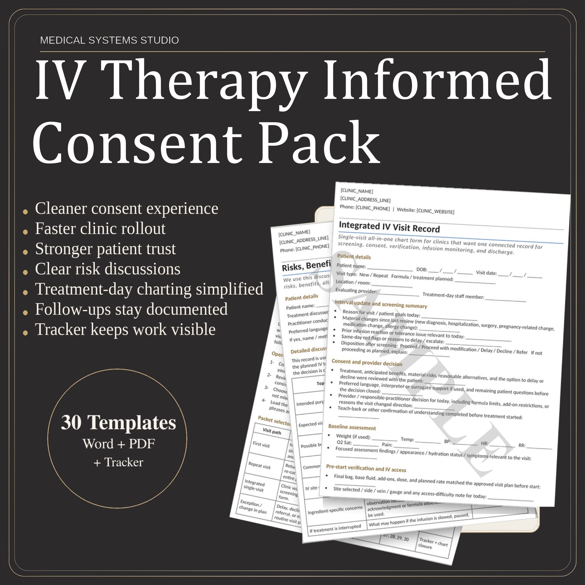 IV Therapy Informed Consent Pack | Screening, Consent, Risks/Alternatives, Medical History (Word/PDF/Tracker)