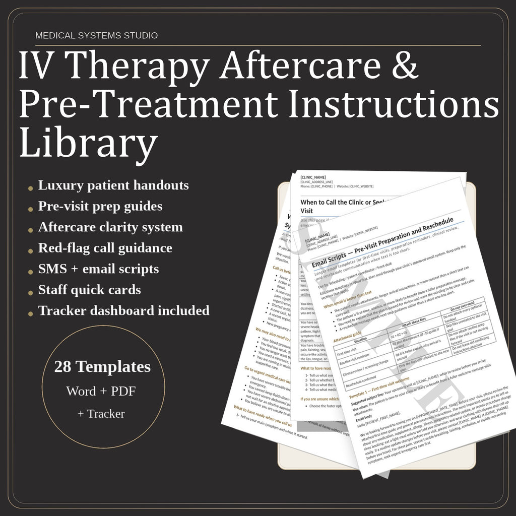 IV Therapy Aftercare & Pre-Treatment Instructions Library | Patient Handouts, Quick Cards, Scripts (Word/PDF/Excel)
