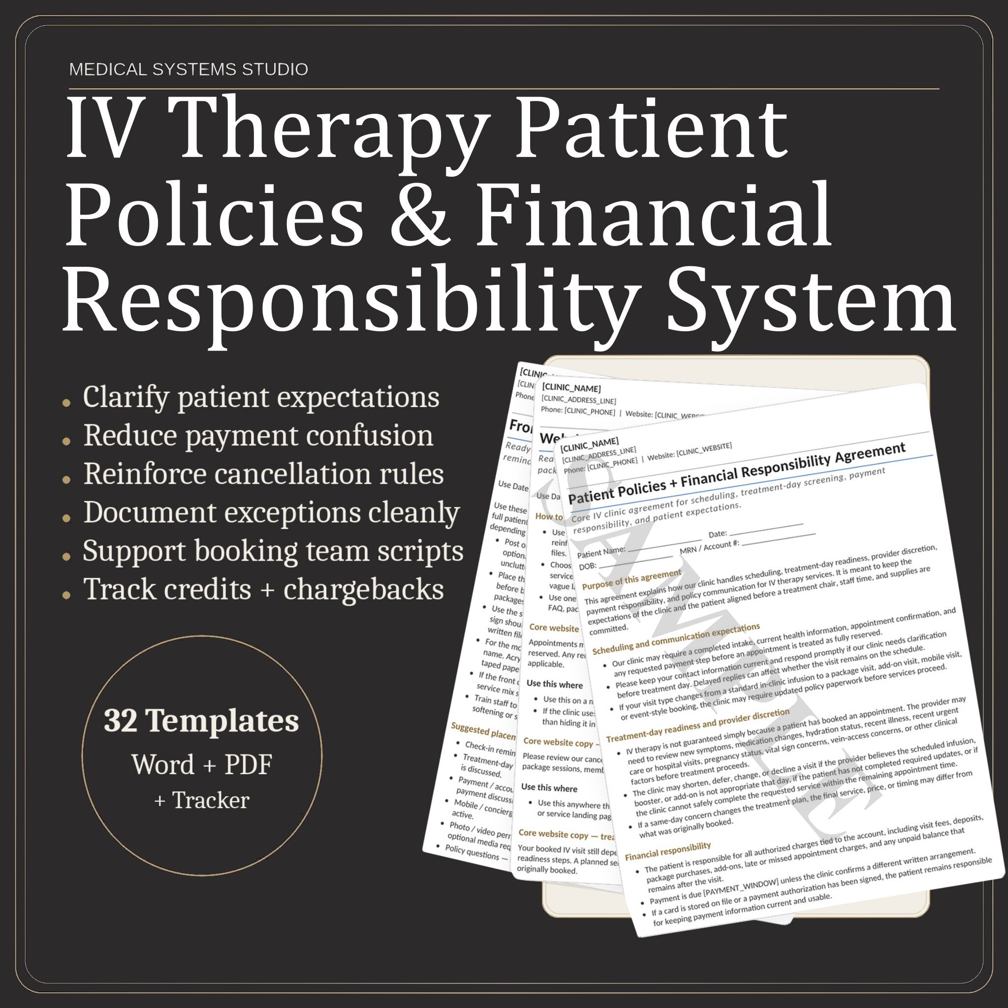 IV Therapy Patient Policies & Financial Responsibility System | Payment Policies, Cancellations (Word/PDF/Tracker)