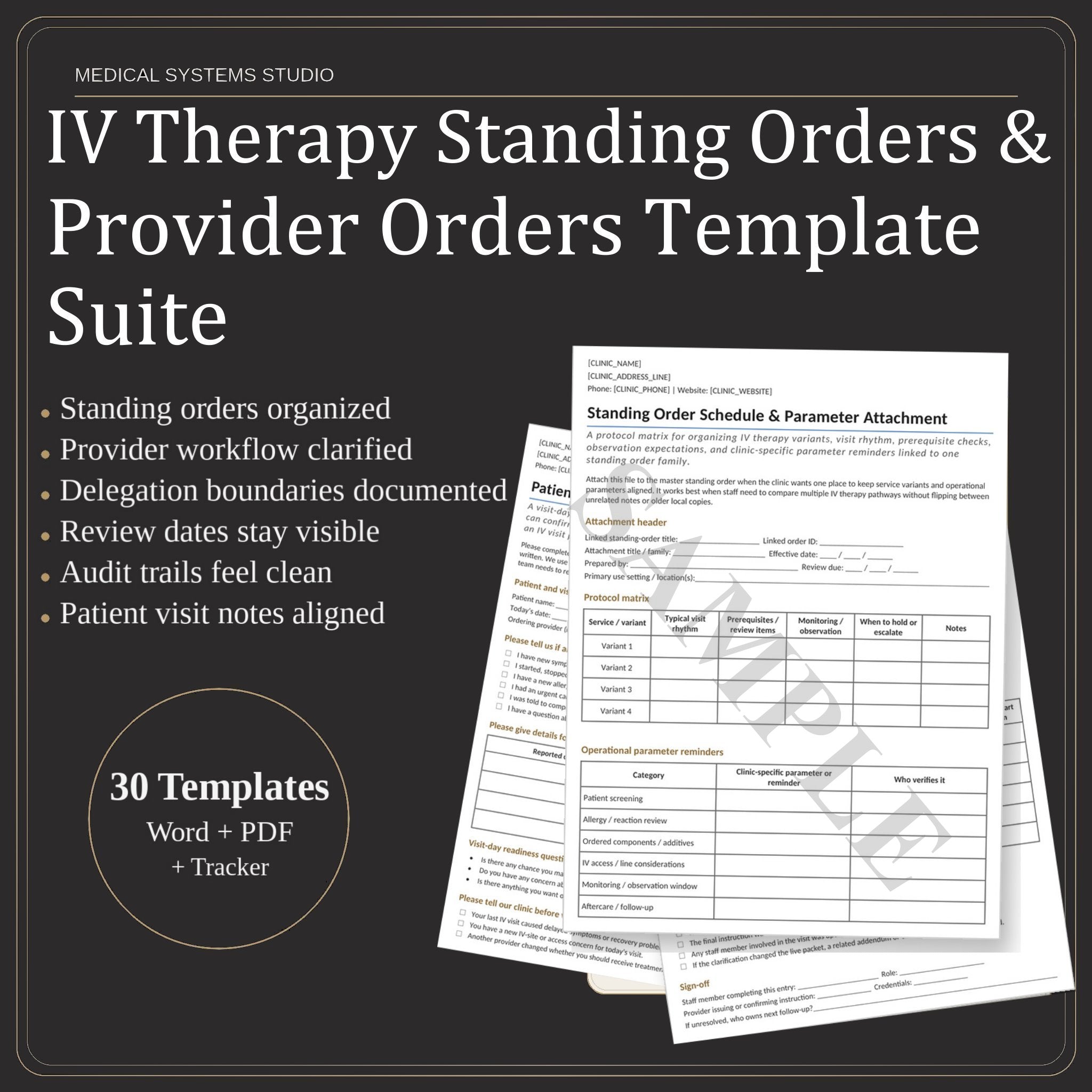 IV Therapy Standing Orders & Provider Orders Template Suite | SOP Forms, Order Review Log, Annual Update (Word/PDF/Tracker)