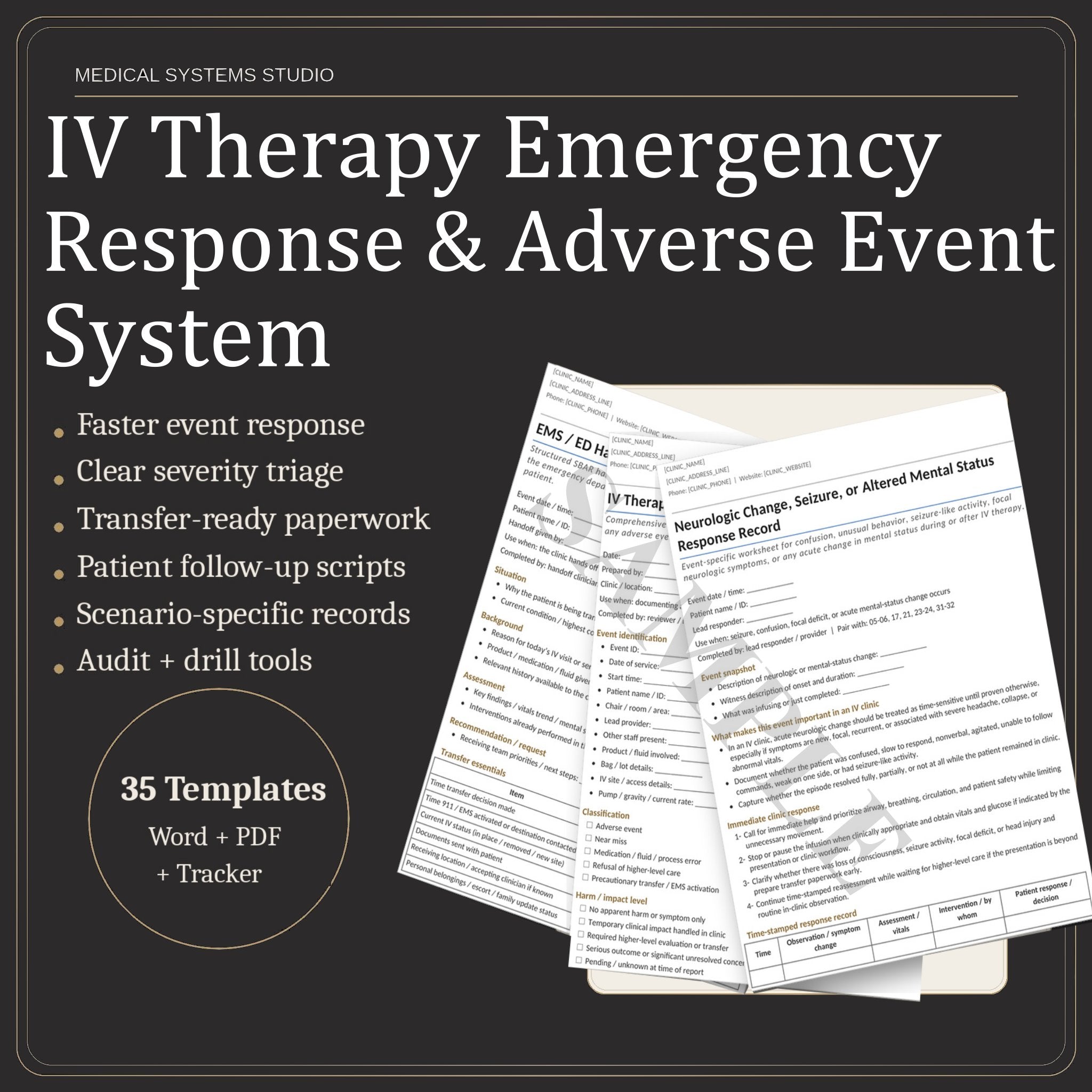 IV Therapy Emergency Response & Adverse Event System | Incident Report, 911 Handoff & Follow-Up Scripts (Word/PDF/Tracker)