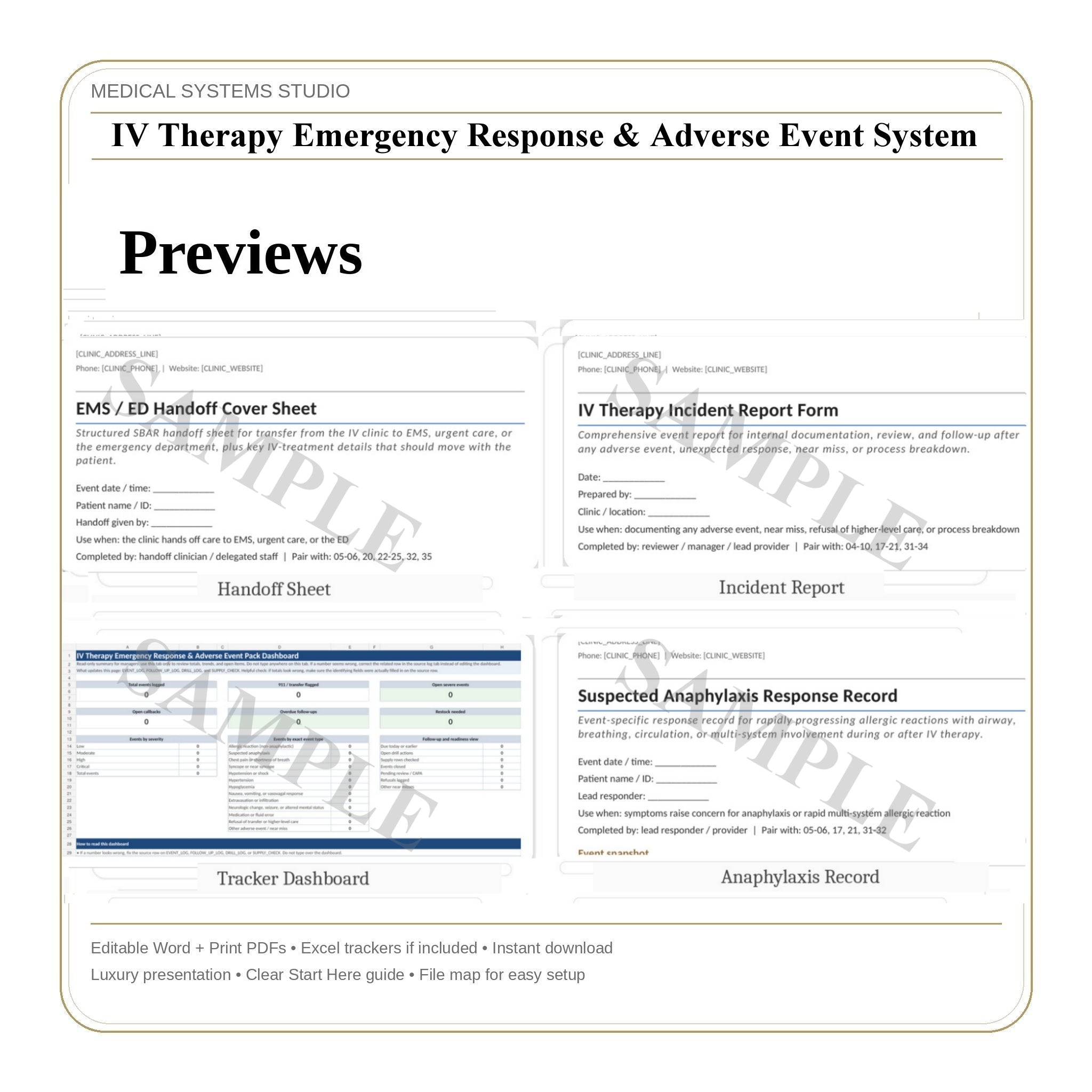 IV Therapy Emergency Response & Adverse Event System | Incident Report, 911 Handoff & Follow-Up Scripts (Word/PDF/Tracker)
