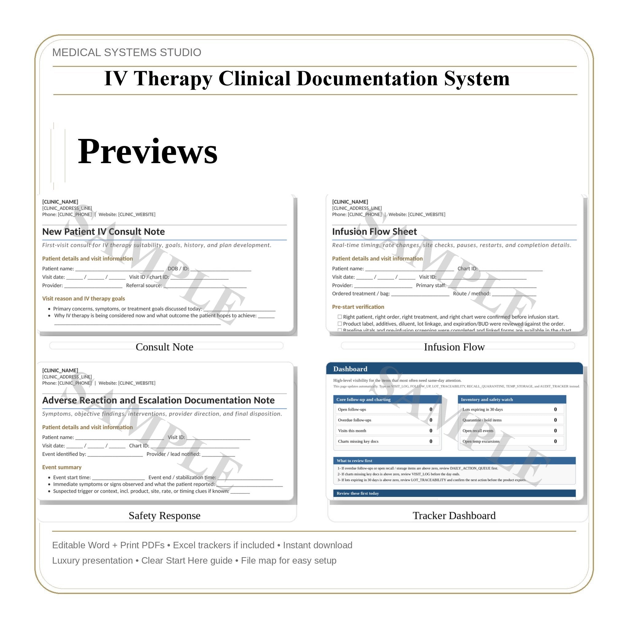 IV Therapy Clinical Documentation System | Infusion Sheet, Vitals Monitoring, Treatment Record (Word/PDF/Excel)