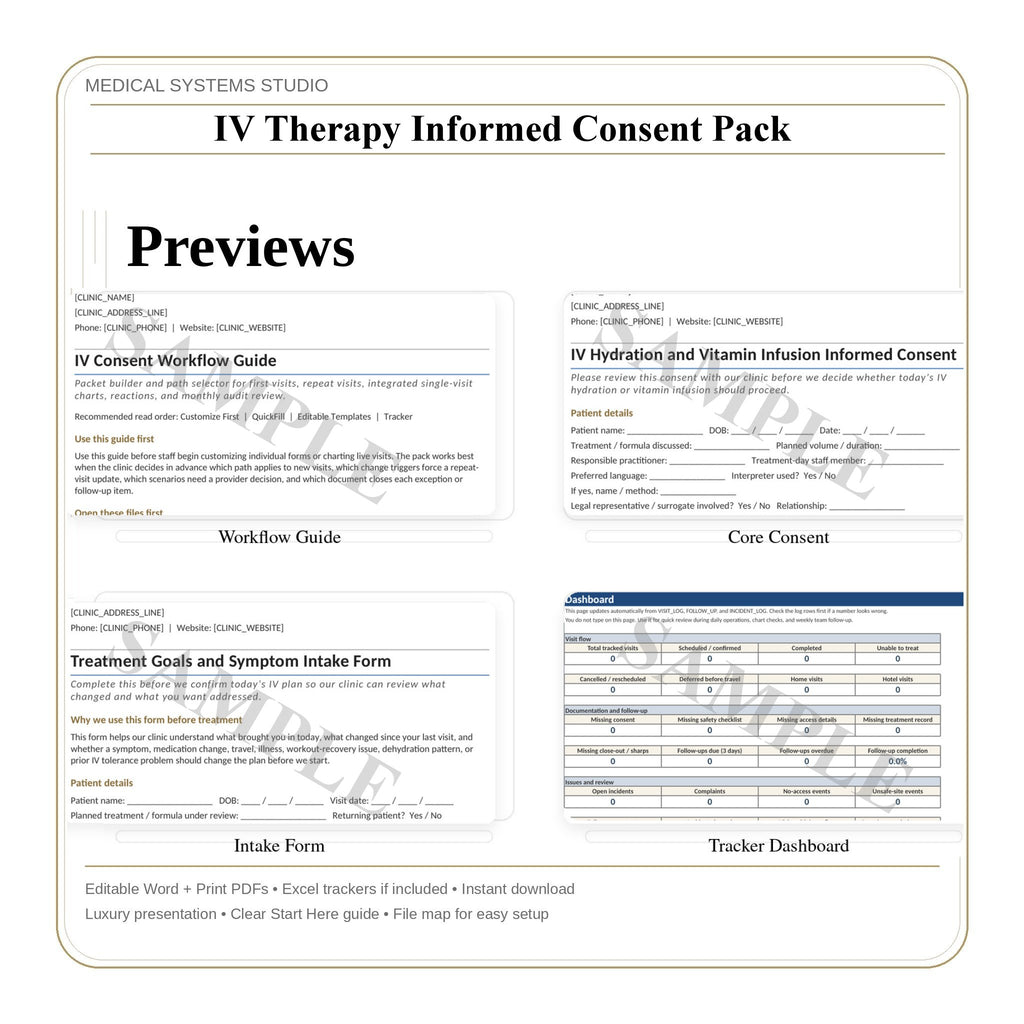 IV Therapy Informed Consent Pack | Screening, Consent, Risks/Alternatives, Medical History (Word/PDF/Tracker)