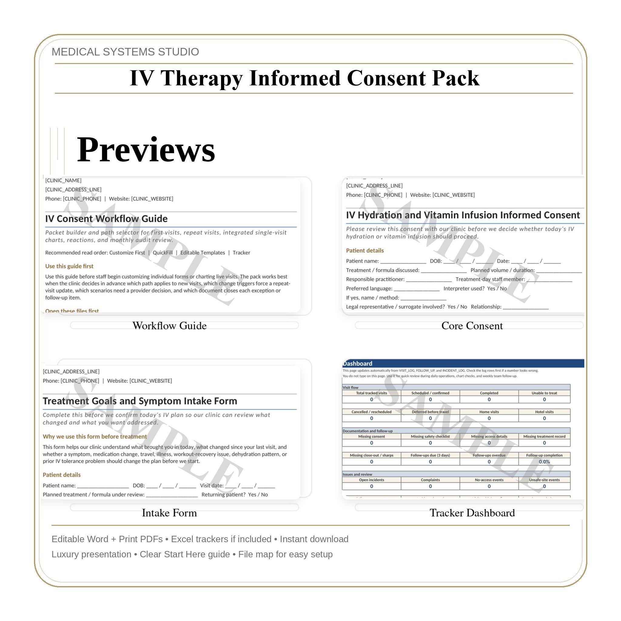 IV Therapy Informed Consent Pack | Screening, Consent, Risks/Alternatives, Medical History (Word/PDF/Tracker)