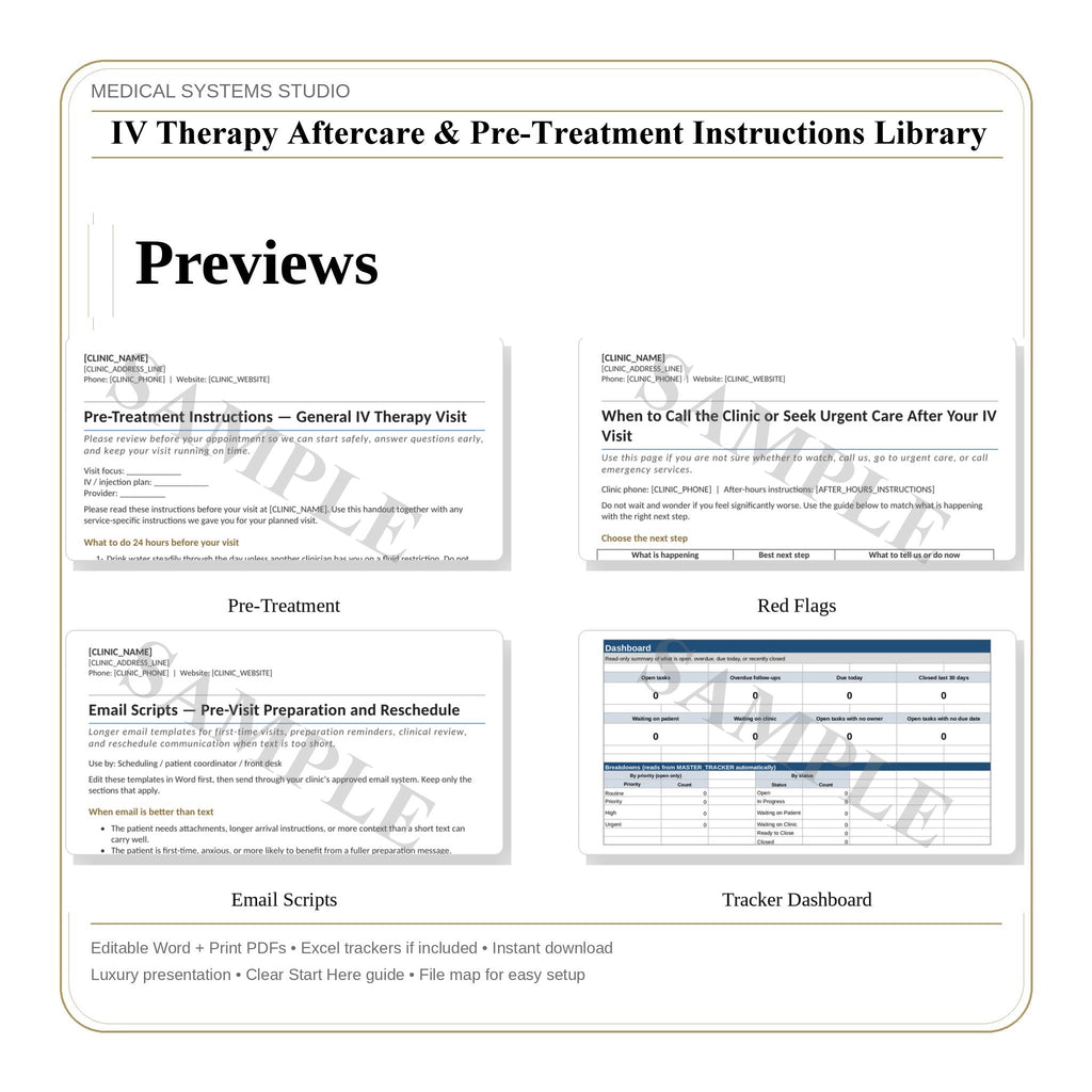 IV Therapy Aftercare & Pre-Treatment Instructions Library | Patient Handouts, Quick Cards, Scripts (Word/PDF/Excel)