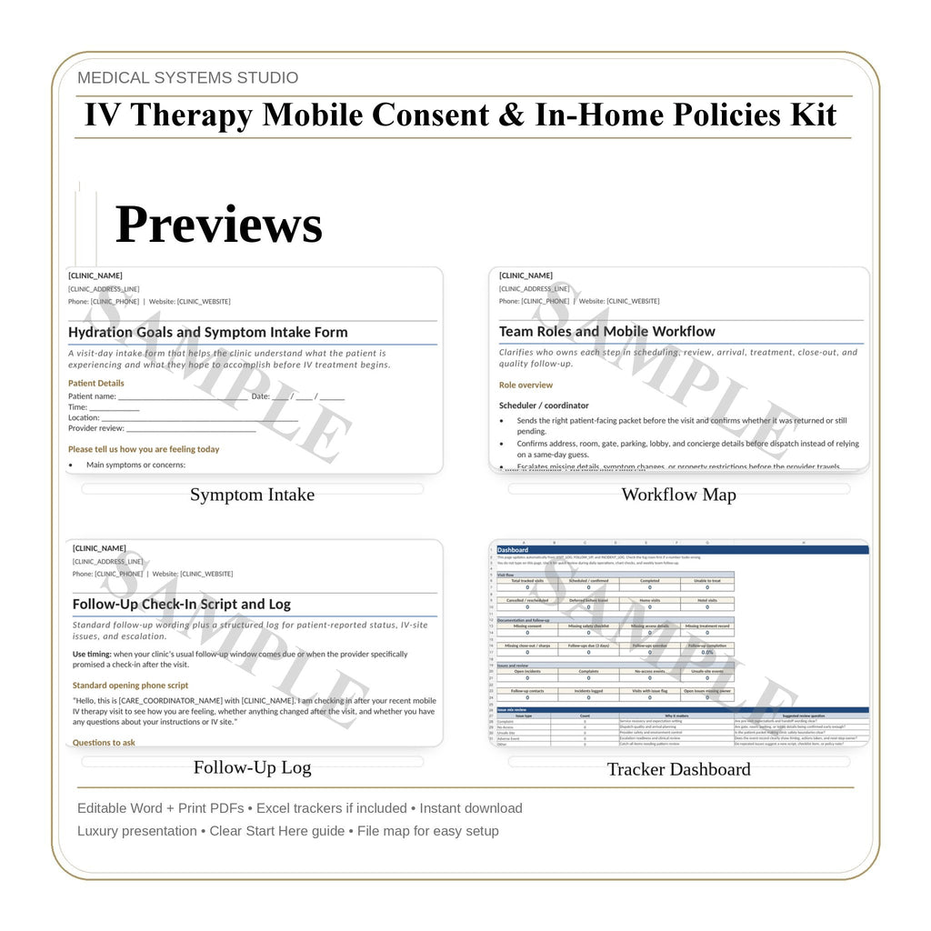 IV Therapy Mobile Consent & In-Home Policies Kit | Safety Checklist, Responsibilities, Scripts (Word/PDF/Tracker)