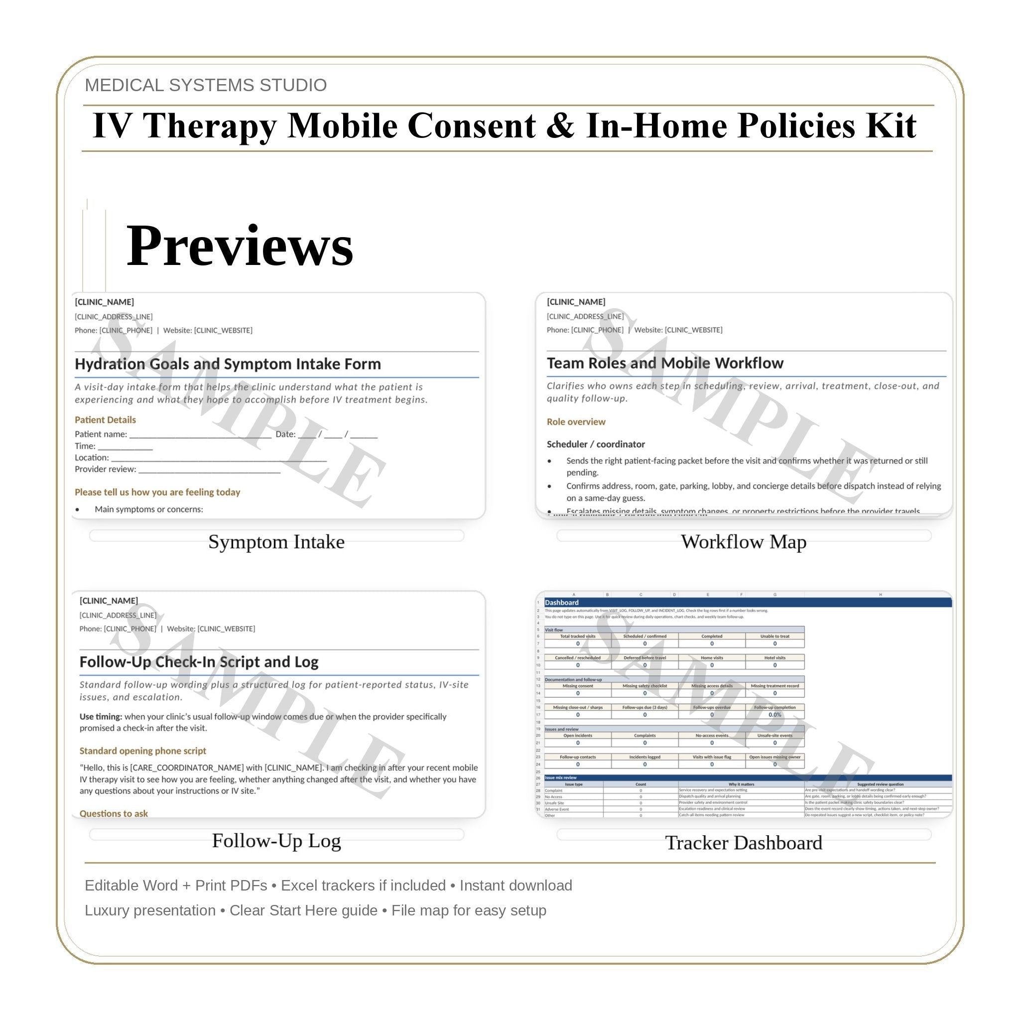 IV Therapy Mobile Consent & In-Home Policies Kit | Safety Checklist, Responsibilities, Scripts (Word/PDF/Tracker)