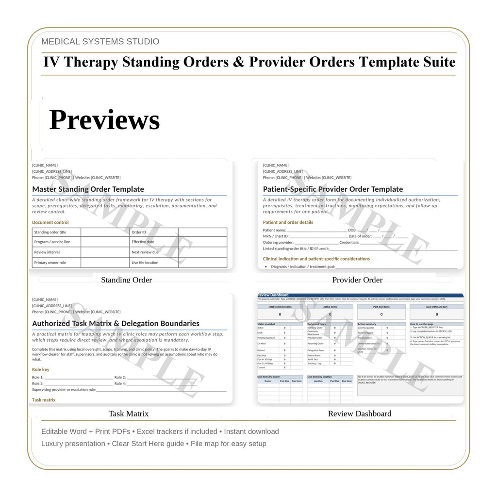 IV Therapy Standing Orders & Provider Orders Template Suite | SOP Forms, Order Review Log, Annual Update (Word/PDF/Tracker)