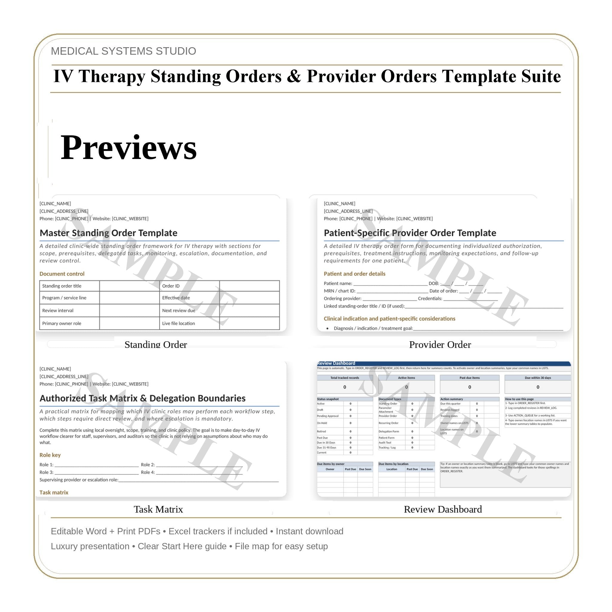 IV Therapy Standing Orders & Provider Orders Template Suite | SOP Forms, Order Review Log, Annual Update (Word/PDF/Tracker)