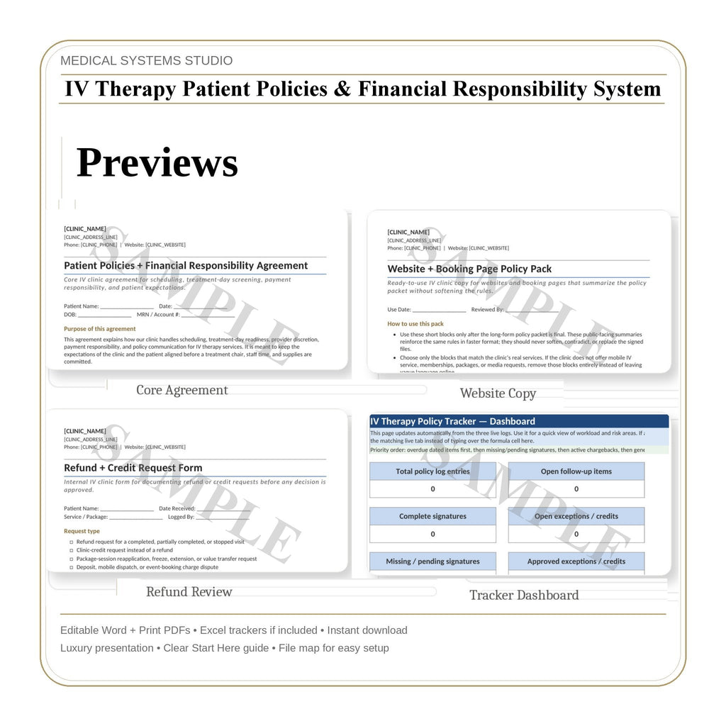 IV Therapy Patient Policies & Financial Responsibility System | Payment Policies, Cancellations (Word/PDF/Tracker)