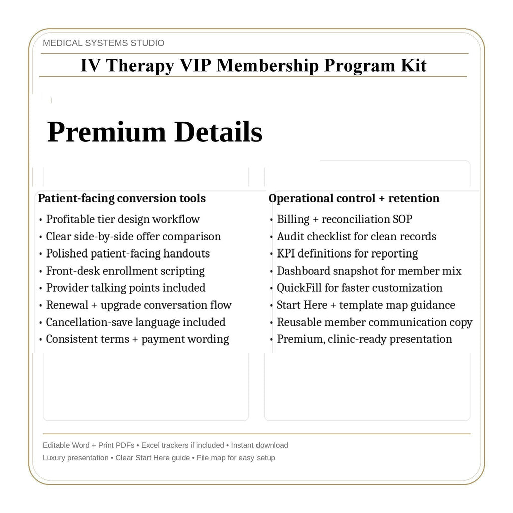 IV Therapy VIP Membership Program Kit | Tiered Subscription, Terms, Enrollment, Pricing (Word/PDF/Excel)