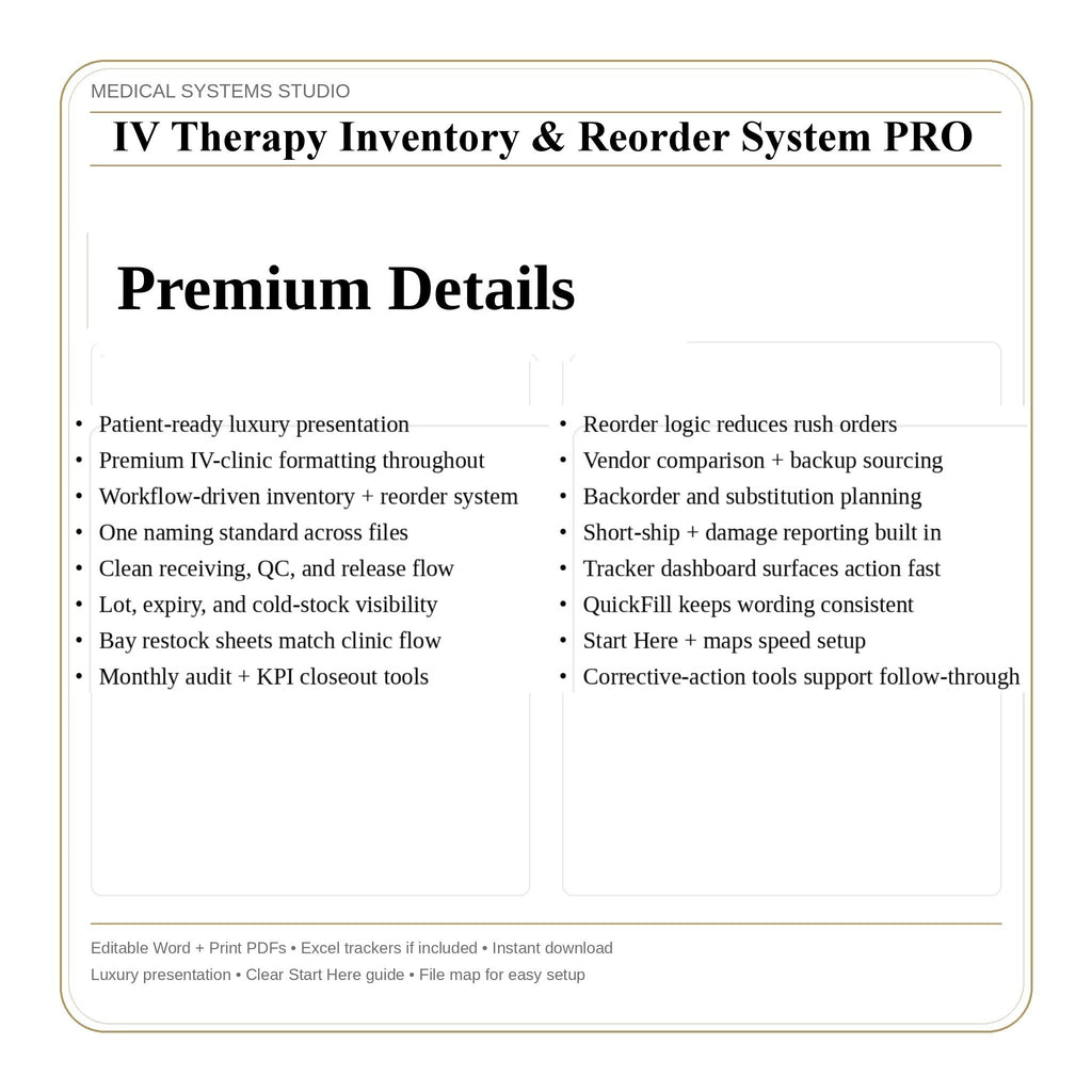 IV Therapy Inventory & Reorder System PRO | Supply Tracker, Reorder Point, Vendor, Expiration Logs