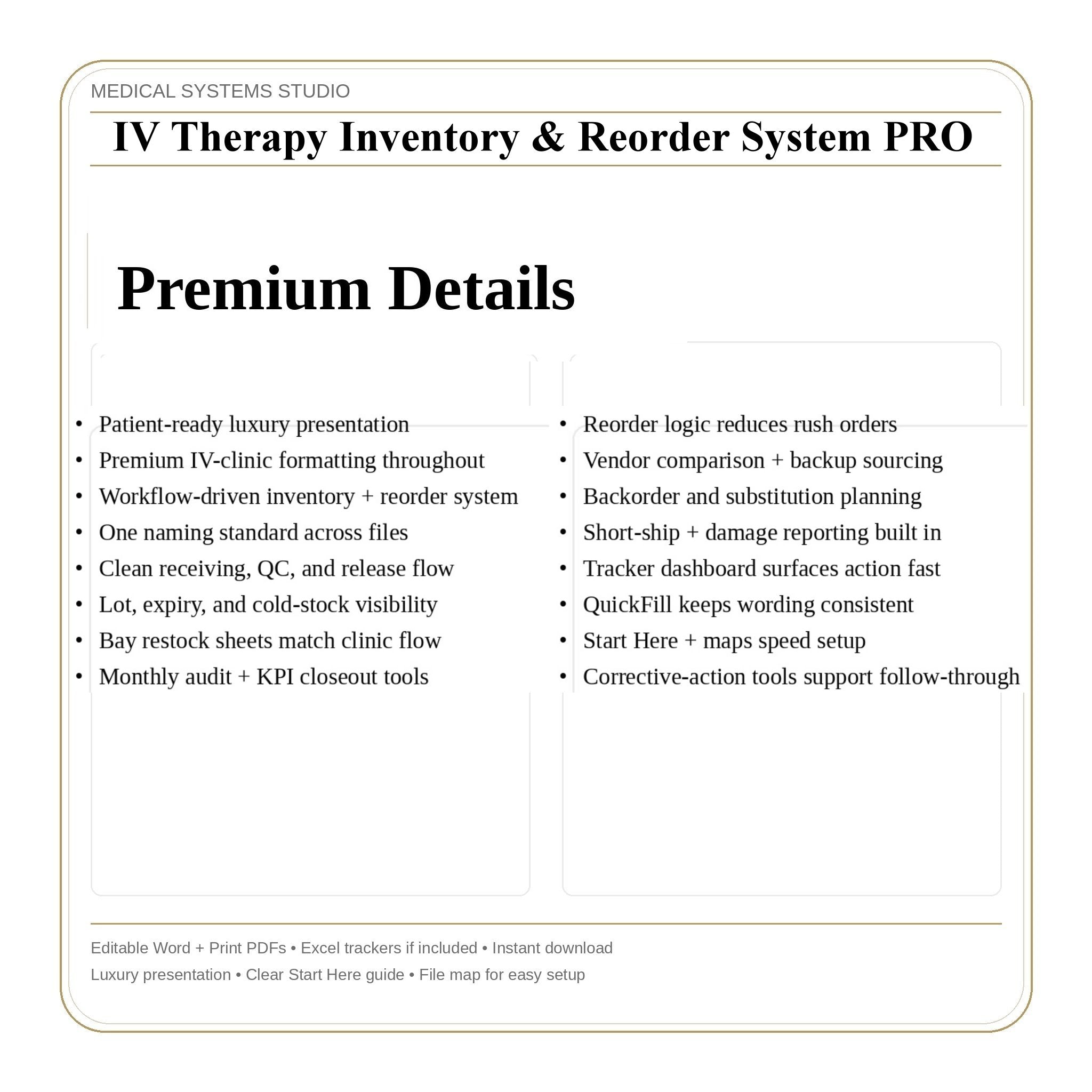 IV Therapy Inventory & Reorder System PRO | Supply Tracker, Reorder Point, Vendor, Expiration Logs