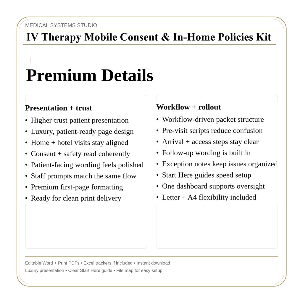 IV Therapy Mobile Consent & In-Home Policies Kit | Safety Checklist, Responsibilities, Scripts (Word/PDF/Tracker)