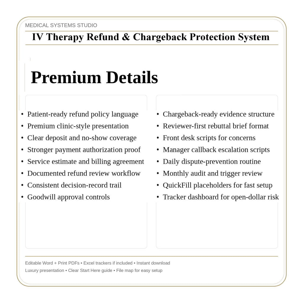 IV Therapy Refund & Chargeback Protection System | Refund Policy, Payment Authorization, Dispute Response, Scripts, Tracker