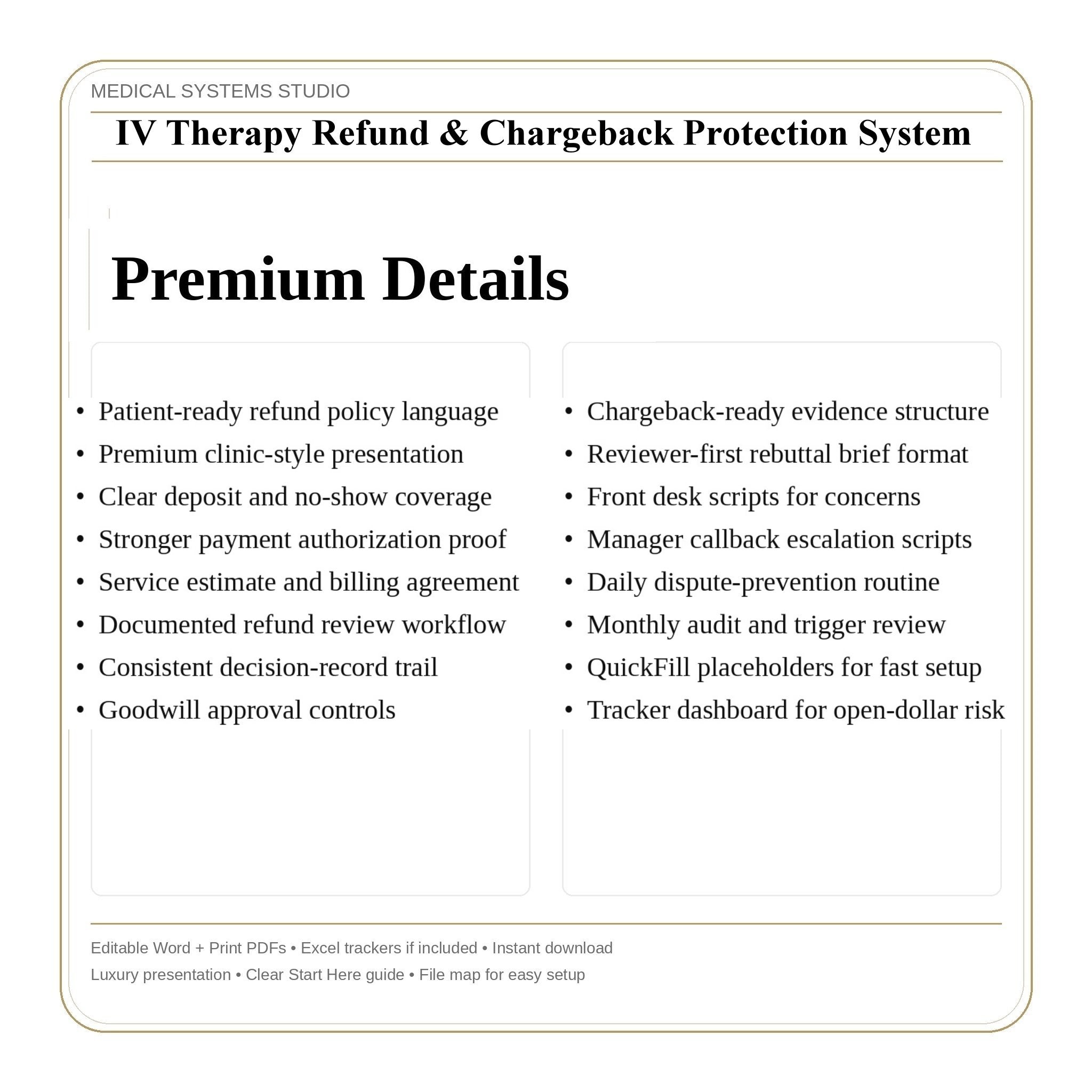 IV Therapy Refund & Chargeback Protection System | Refund Policy, Payment Authorization, Dispute Response, Scripts, Tracker