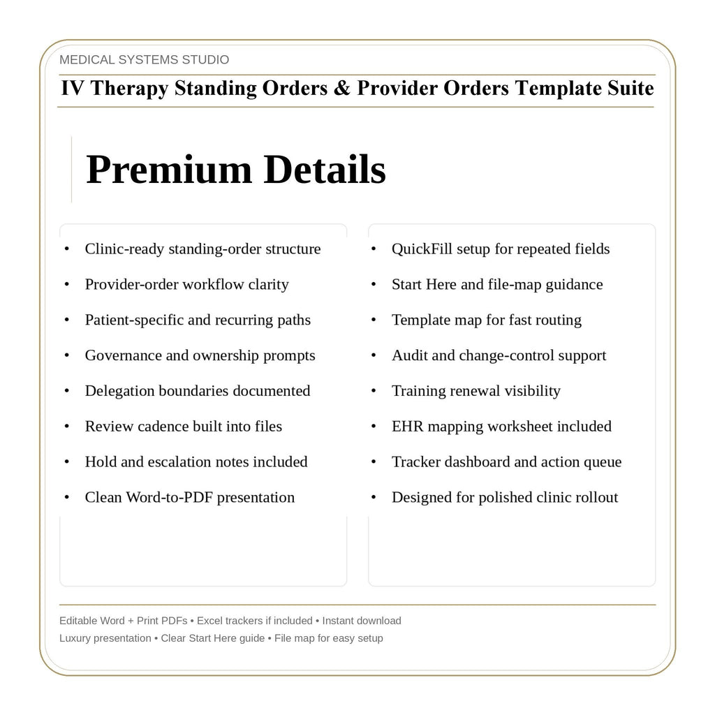 IV Therapy Standing Orders & Provider Orders Template Suite | SOP Forms, Order Review Log, Annual Update (Word/PDF/Tracker)