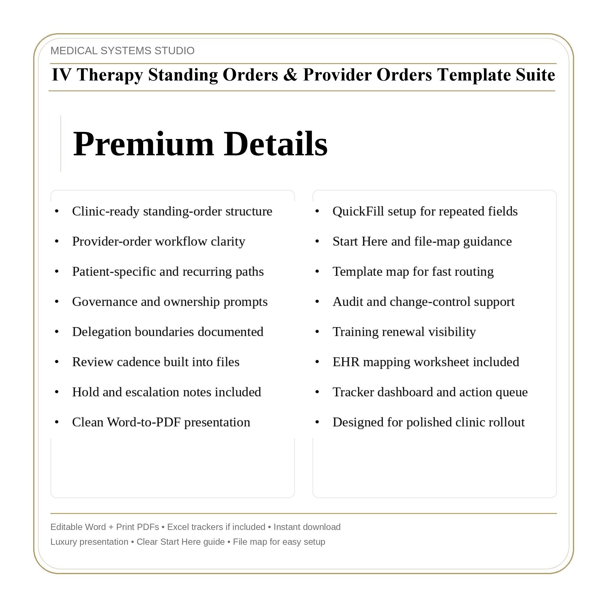 IV Therapy Standing Orders & Provider Orders Template Suite | SOP Forms, Order Review Log, Annual Update (Word/PDF/Tracker)