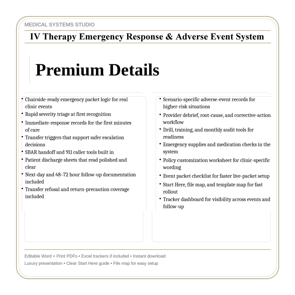 IV Therapy Emergency Response & Adverse Event System | Incident Report, 911 Handoff & Follow-Up Scripts (Word/PDF/Tracker)