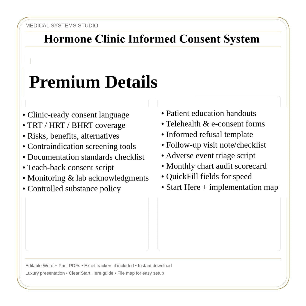 Hormone Clinic Informed Consent System | TRT, HRT, BHRT Forms. Word/PDF/Tracker (Digital Download)