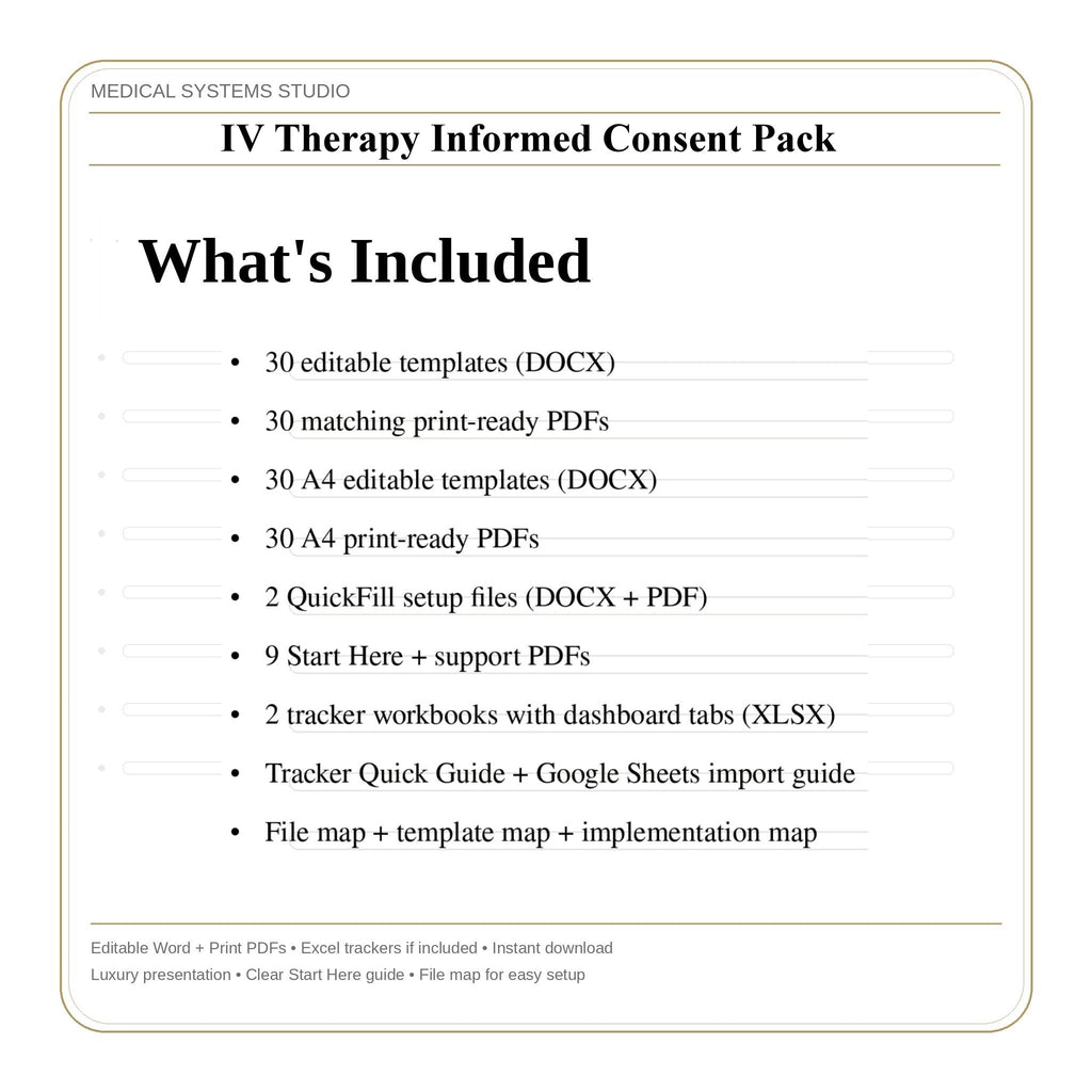 IV Therapy Informed Consent Pack | Screening, Consent, Risks/Alternatives, Medical History (Word/PDF/Tracker)