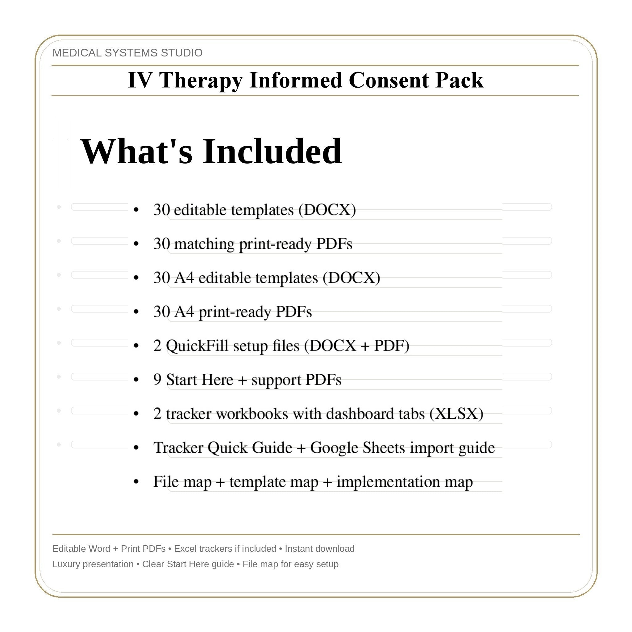 IV Therapy Informed Consent Pack | Screening, Consent, Risks/Alternatives, Medical History (Word/PDF/Tracker)