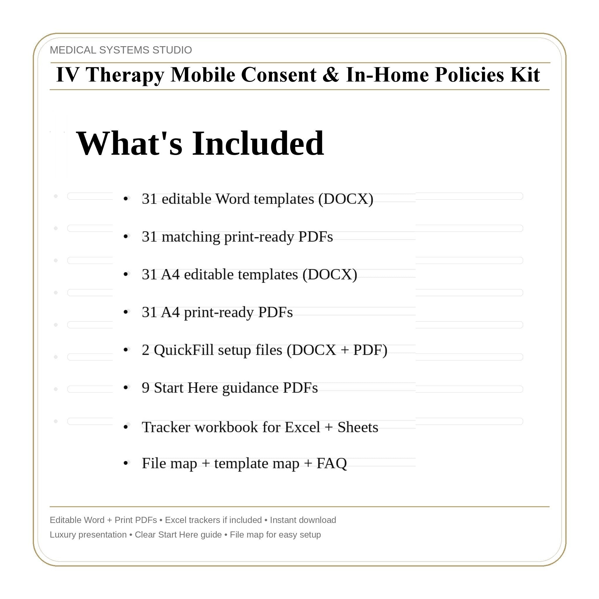 IV Therapy Mobile Consent & In-Home Policies Kit | Safety Checklist, Responsibilities, Scripts (Word/PDF/Tracker)