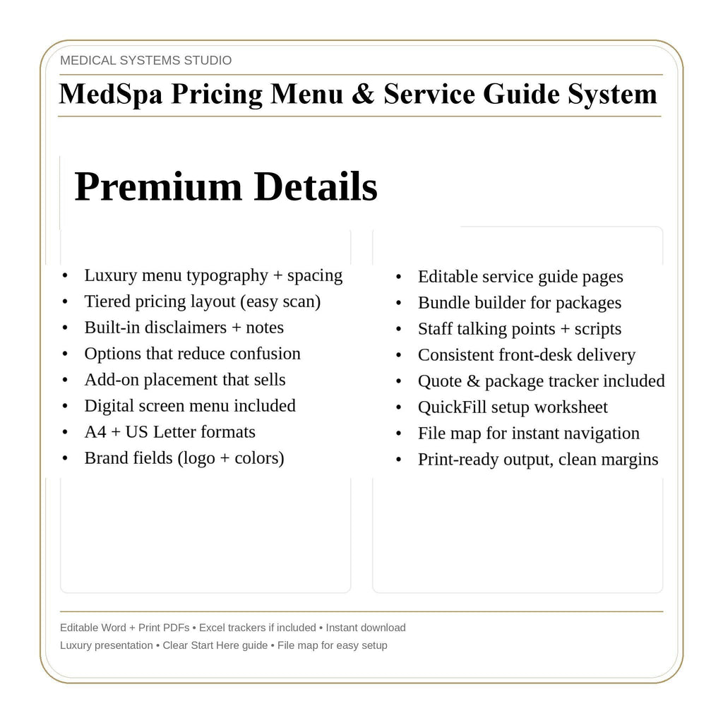 MedSpa Pricing Menu & Service Guide | Clinic Templates (Word, PDF, Excel)