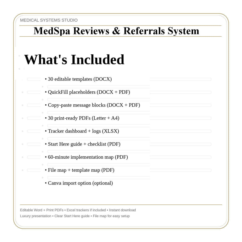 MedSpa Reviews & Referrals System | QR Code Signage, SMS Scripts (Word, PDF, Excel) (Digital Download)