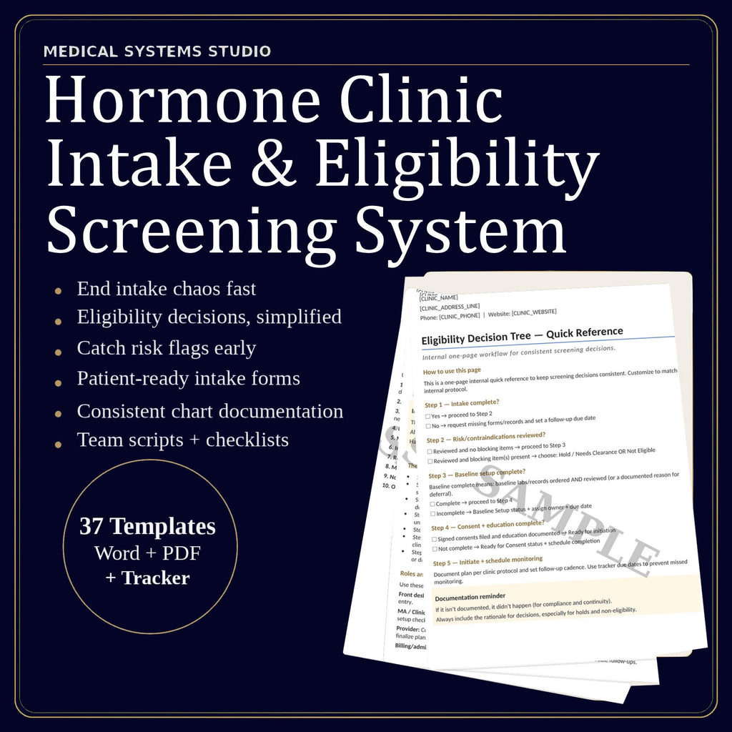 Hormone Clinic Intake & Eligibility Screening System | TRT HRT BHRT Forms, Contraindications, Labs, Consents, Tracker