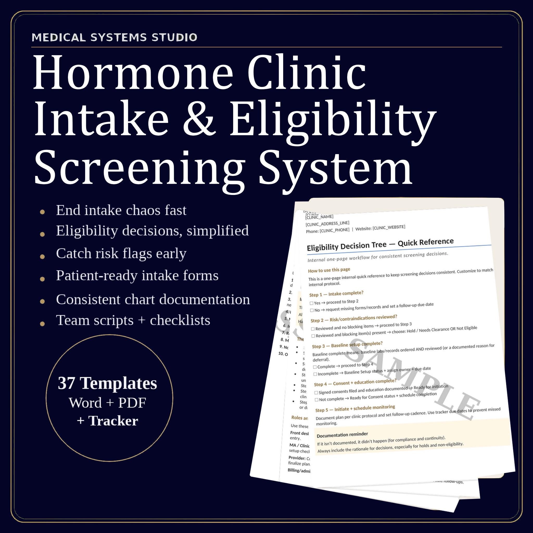 Hormone Clinic Intake & Eligibility Screening System | TRT HRT BHRT Forms, Contraindications, Labs, Consents, Tracker