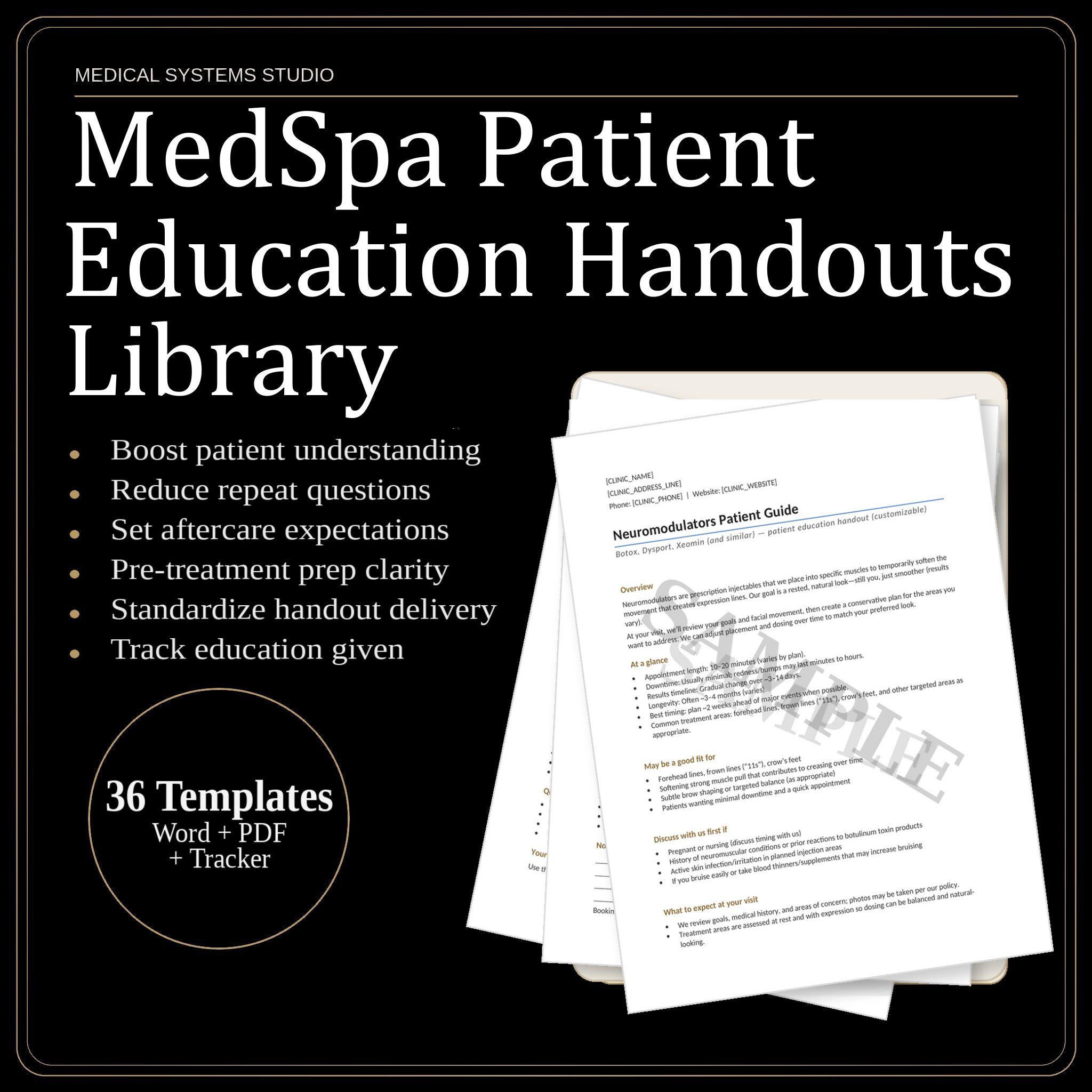 MedSpa Patient Education Library | Tox, Fillers, Laser, Microneedling | FAQs, Prep + Aftercare (Word/PDF/Tracker)