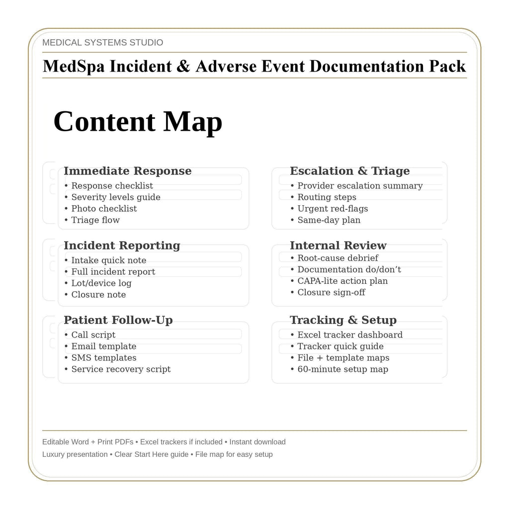 MedSpa Incident Documentation Pack | Report Forms, Follow-Up Scripts (Word/PDF/Excel)