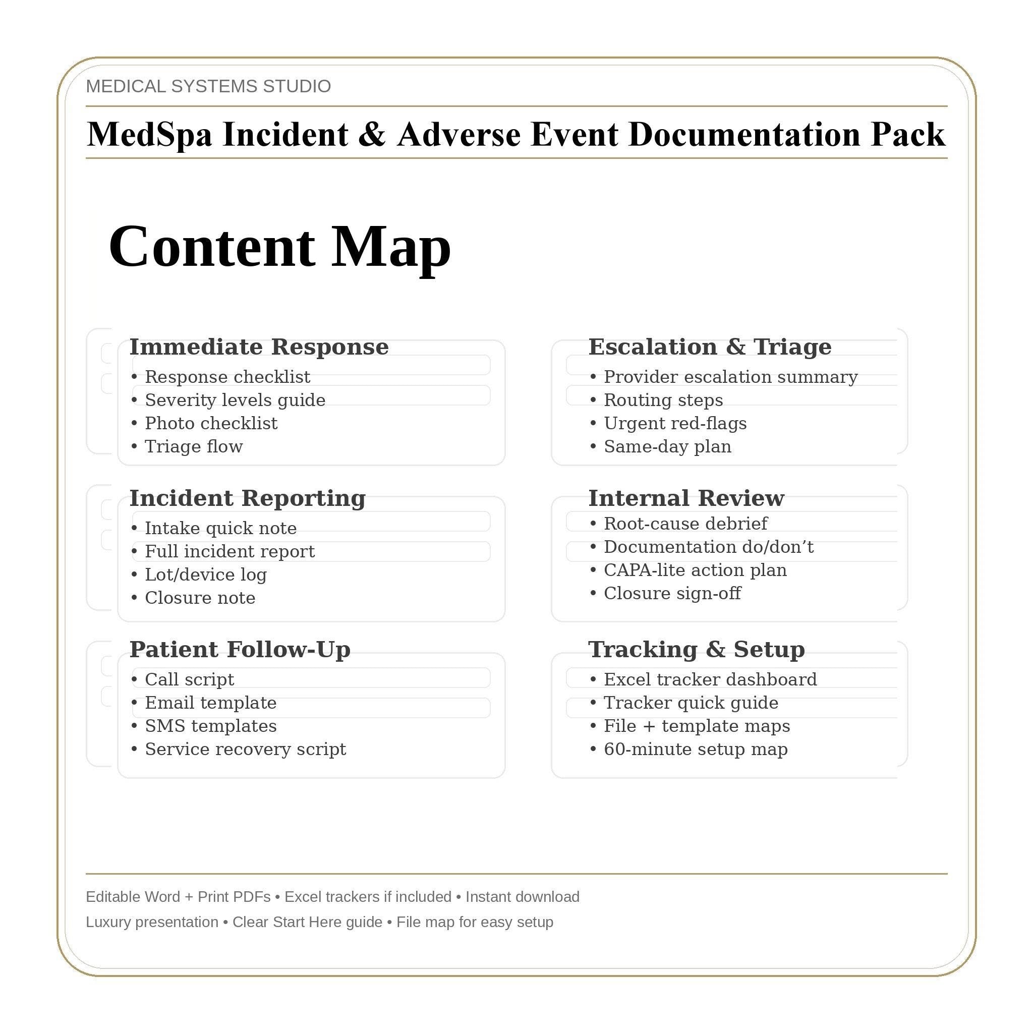 MedSpa Incident Documentation Pack | Report Forms, Follow-Up Scripts (Word/PDF/Excel)