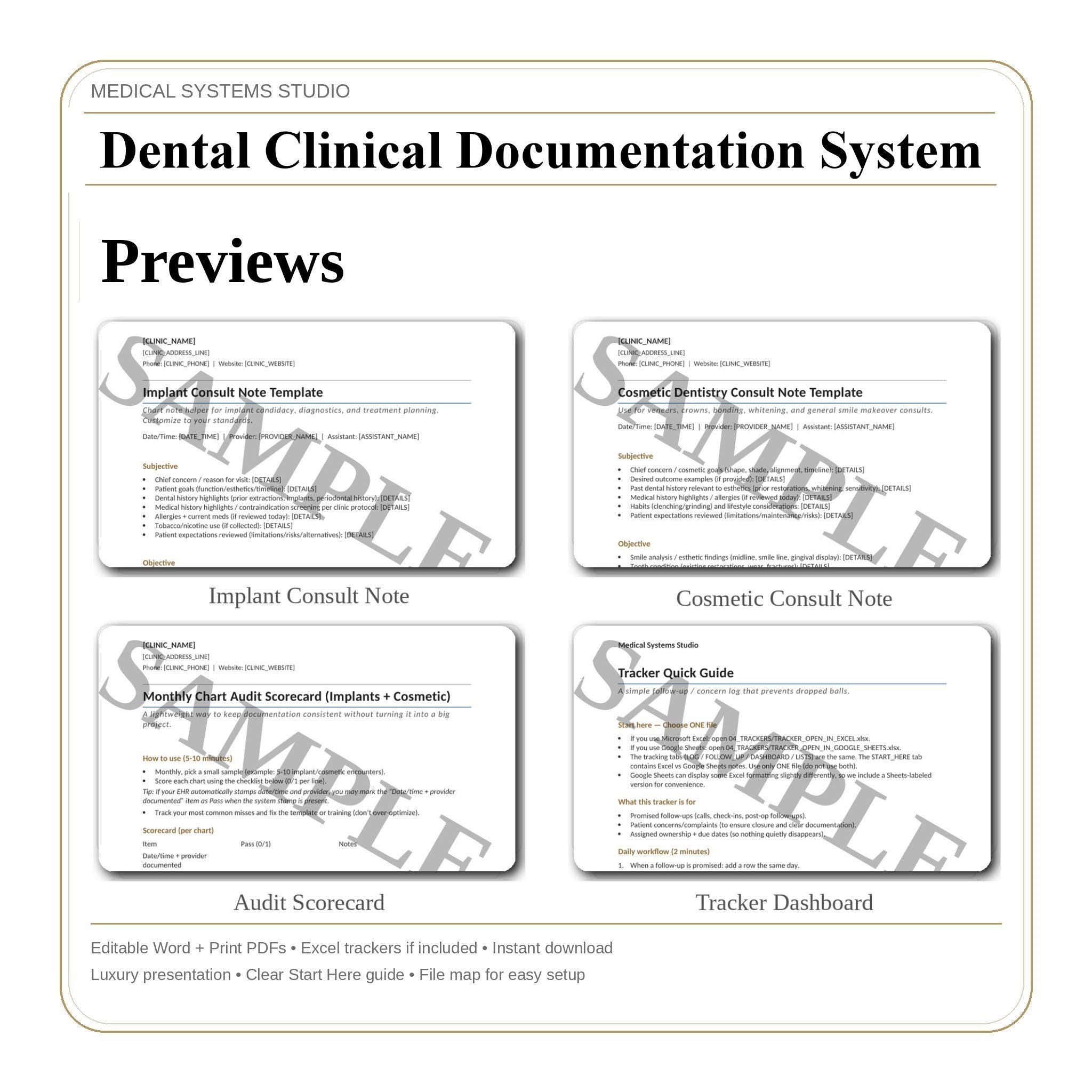 Dental Clinical Documentation System | Implant & Cosmetic Templates (Digital Download)