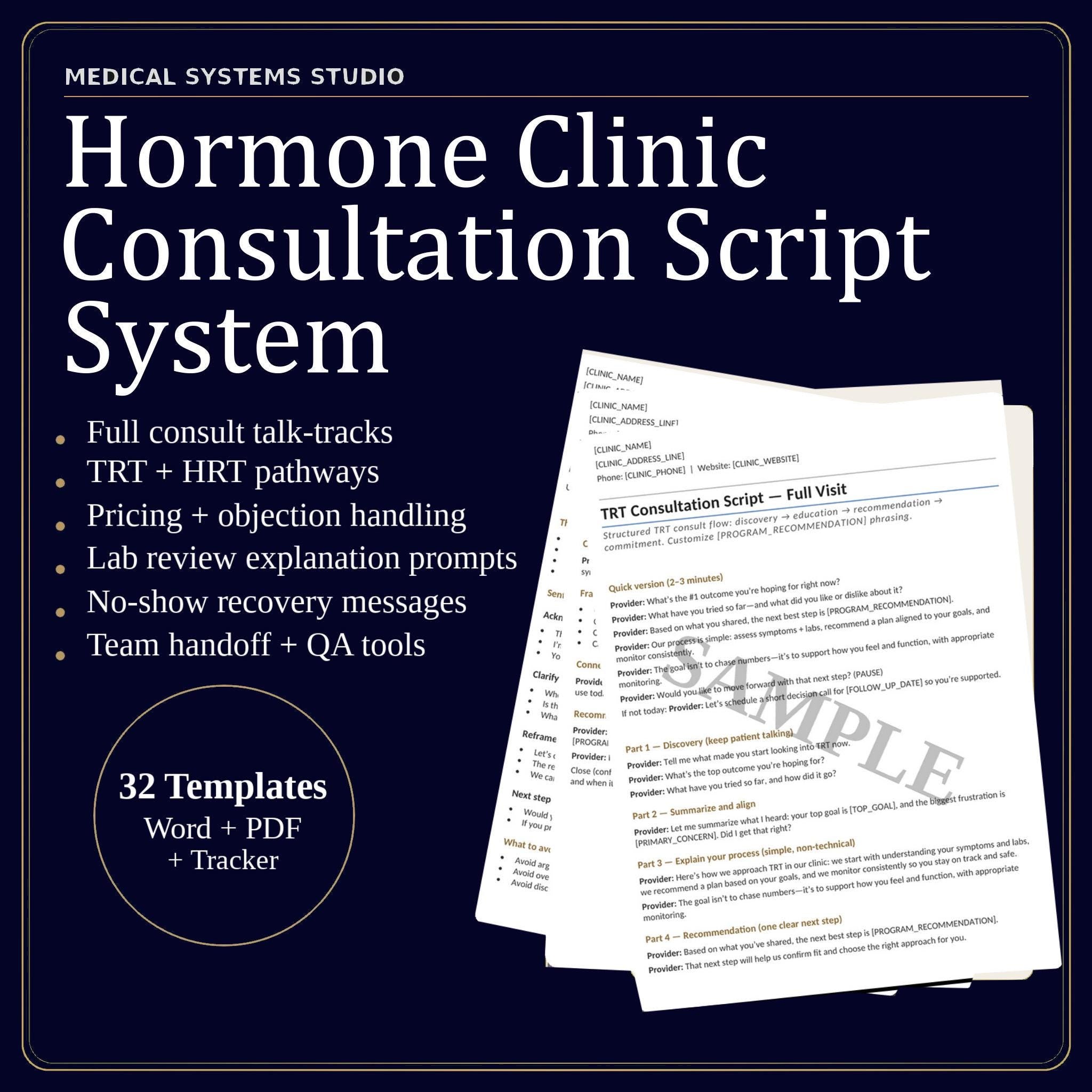 Hormone Clinic Consultation Script System | TRT HRT BHRT | Booking, Lab, Objection, Pricing, Follow-Up Tracker