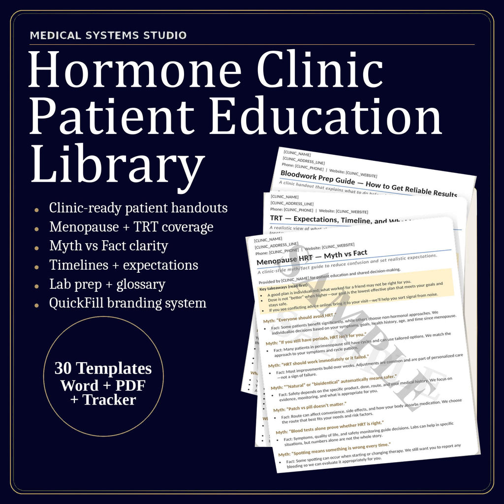 Hormone Clinic Patient Education Library | TRT/HRT/BHRT | FAQs, Clinic Packet, Tracker (Digital Download)