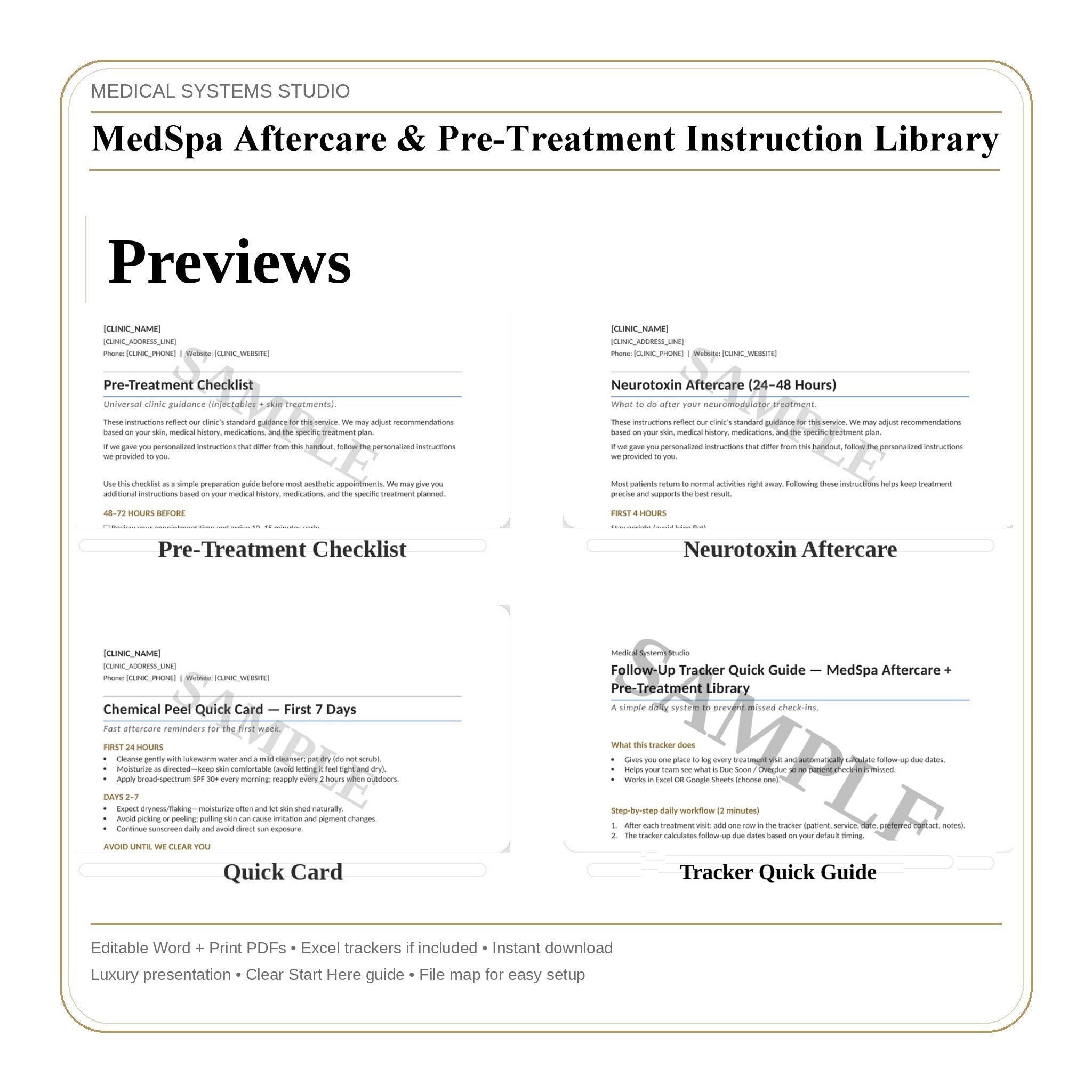 MedSpa Aftercare and Pre-Treatment Instructions | Patient Handouts & Quick Cards (Word/PDF)