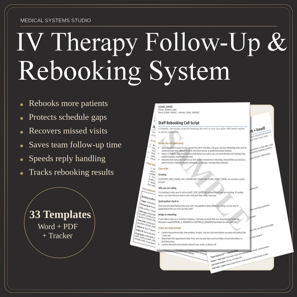 IV Therapy Follow-Up & Rebooking System | SMS/Email Sequences, Cadence Map, Retention (Word/PDF/Excel)