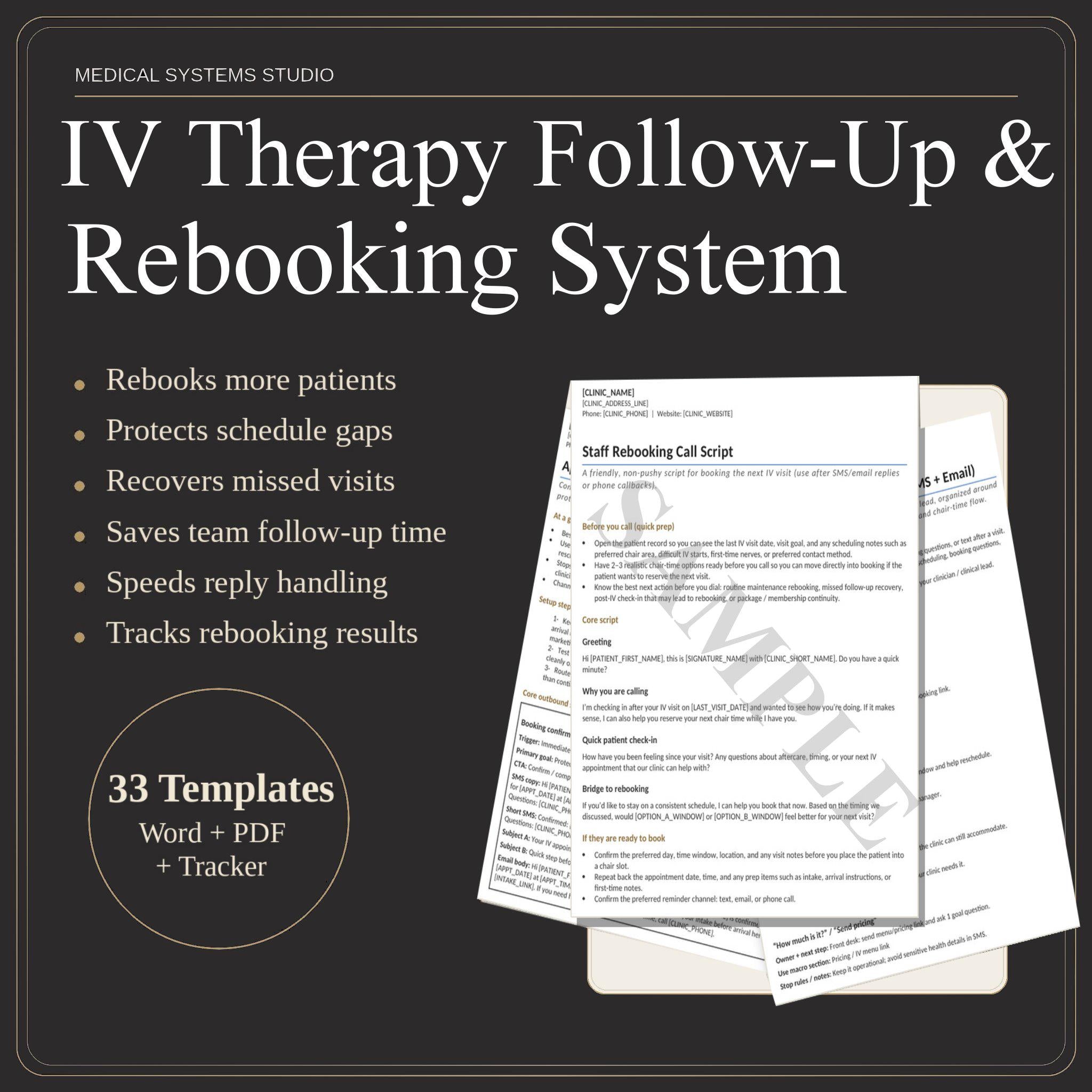 IV Therapy Follow-Up & Rebooking System | SMS/Email Sequences, Cadence Map, Retention (Word/PDF/Excel)