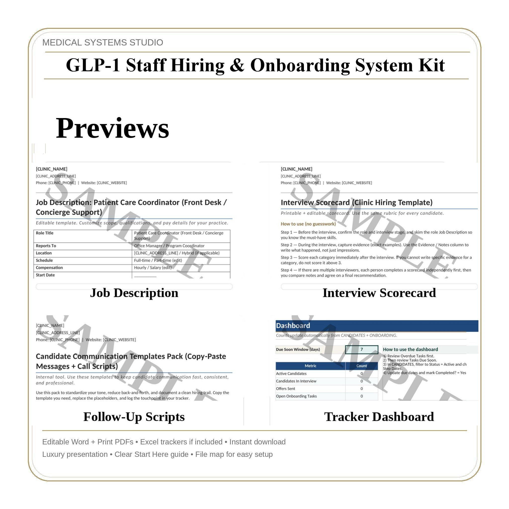 GLP-1 Staff Hiring & Onboarding System Kit | Job descriptions, Interview, Training (Word, PDF, Tracker)