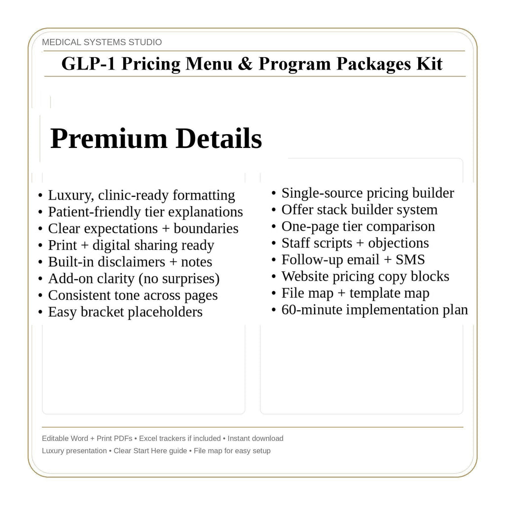 GLP-1 Pricing Menu & Program Packages Kit | Semaglutide/Tirzepatide Program Pricing Guide | Tier Builder, Cost Scripts, Estimator Tracker