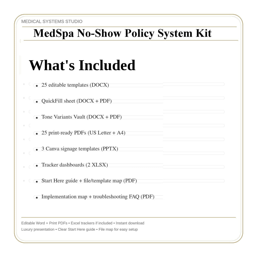 MedSpa No-Show Policy Kit | Clinic Forms, Email Templates, Canva Signs (Digital Download)