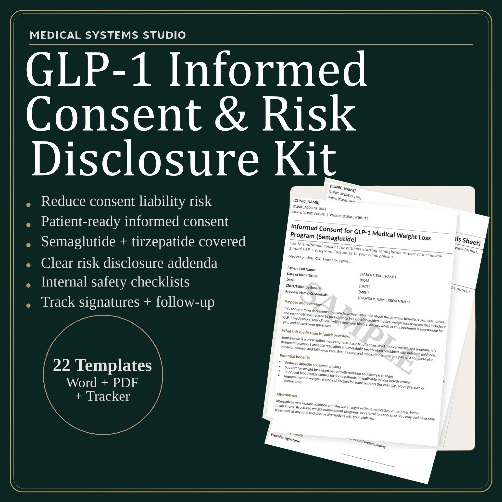 GLP-1 Informed Consent & Risk Disclosure Kit | Semaglutide, Tirzepatide | Compounded/Telehealth Addendums, Off Label, Triage, Tracker